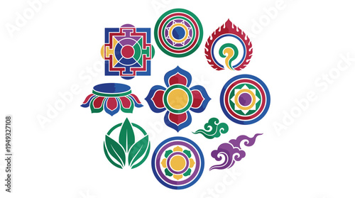 Ten vibrant traditional Buddhist symbols, including a lotus and mandala, are arranged in a circular pattern on an isolated white background.