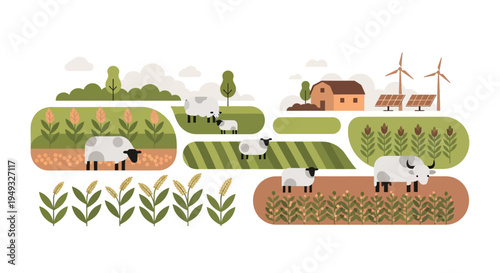 Eco-Farm Landscape: Sustainable Agriculture, Animals, Wind Turbines, Solar Panels & Crops
