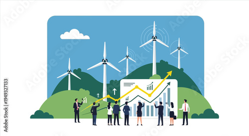 Renewable Energy Investment Growth: Business Team Analyzing Financial Performance with Wind Turbines