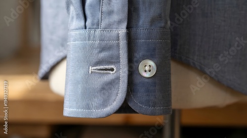 Close up of gray suit jacket cuff with button and slit on mannequin in room