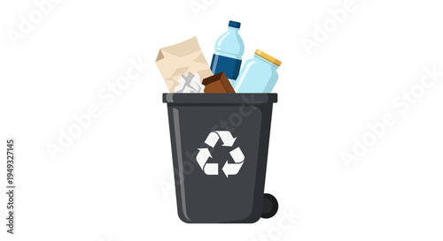 Recycling Bin Icon with Mixed Waste: Paper, Plastic, Glass. Eco-Friendly Waste Sorting & Management for Sustainability and Environmental Protection