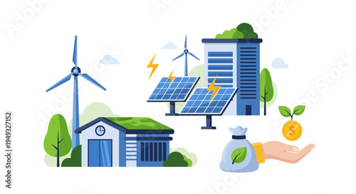 Sustainable Green Energy & Investment Concept. Solar Panels, Wind Turbines, Eco-Buildings, and Financial Growth for a Greener Future.