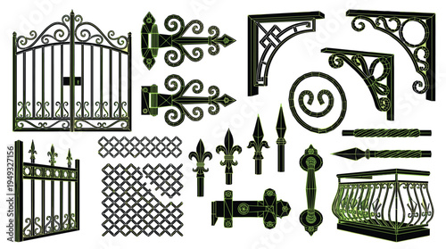 A detailed set of black wrought iron elements, including gates, fences, hinges, and brackets, is shown with a green wireframe effect on a white background.