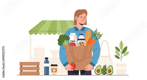 Happy Woman with Reusable Shopping Bag Full of Fresh Groceries at a Farmer's Market - Healthy Eating & Sustainable Lifestyle Flat Vector Illustration
