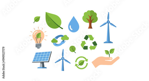 Eco-Friendly Energy and Sustainability Icons Set: Green Technology, Recycling, and Nature Conservation