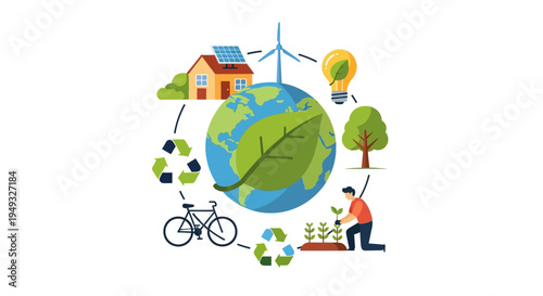 Sustainable Global Solutions: Eco-Friendly Lifestyle, Renewable Energy, Recycling & Nature Conservation Concept