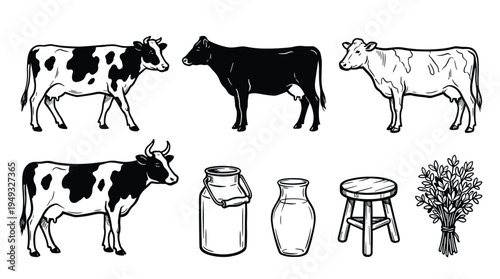 A collection of eight hand-drawn dairy farm elements, including four cows, milk containers, a stool, and hay, is isolated on a white background.