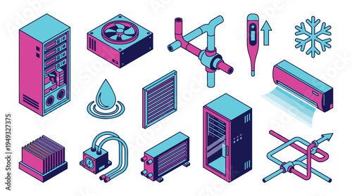 A set of twelve isometric pixel art icons representing computer and HVAC cooling systems is displayed on a white background.