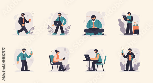 Diverse group of individuals engaged in various modern activities, from work to leisure