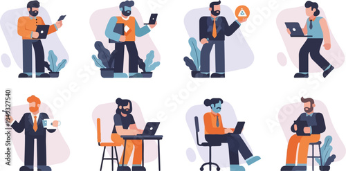 Diverse group of individuals engaged in various work-related activities with technology and plants