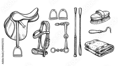 A detailed collection of black and white hand-drawn equestrian tack and grooming tools is arranged on a white background.