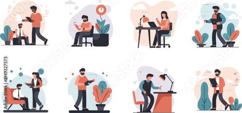 Diverse group of individuals engaged in various work-related activities