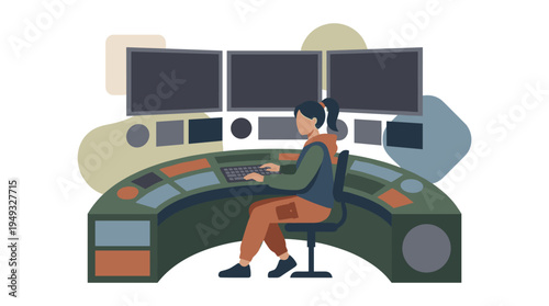 A female operator sits at a curved console with multiple screens, working in a high-tech control room or monitoring station.