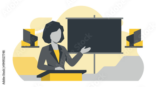 A businesswoman in a suit gives a presentation, standing at a yellow lectern and gesturing towards a blank projector screen.