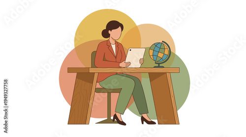 A female teacher sits at a wooden desk holding a tablet, with a globe nearby, against a background of colorful circles.