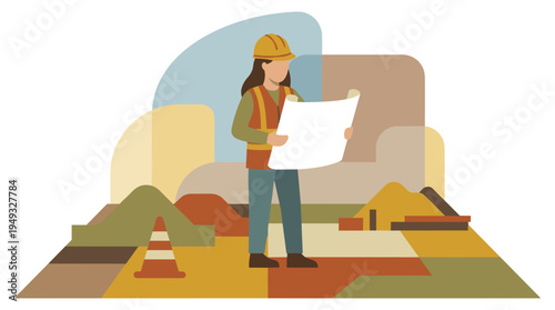 A female construction engineer in a hard hat and safety vest stands on a job site reviewing a large blueprint.