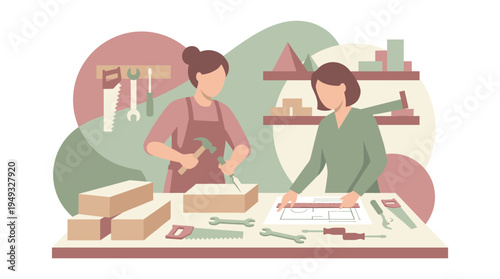 Two women collaborate in a workshop, with one building a wooden box and the other examining a blueprint.