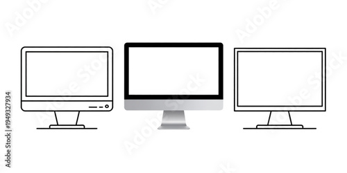 Three different computer monitor designs showcasing a mix of line art and realistic digital styles Vector