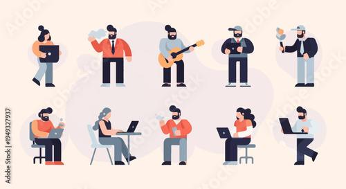 Diverse group of people engaged in various activities like working and hobbies