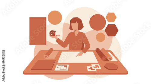 An interior designer works at her desk with blueprints, a measuring tape, and material samples.