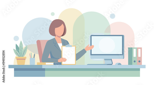 A professional woman sits at her office desk with a clipboard, presenting towards a blank computer screen.