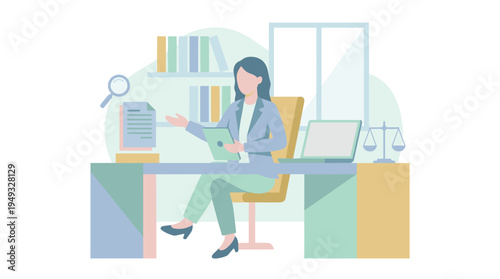 A female professional sits at her office desk with a tablet, surrounded by legal or research-related items like books and scales.