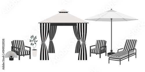 Outdoor patio furniture set featuring a striped gazebo, lounge chairs, and a large garden umbrella Vector