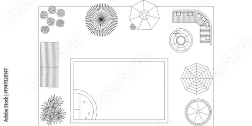 Architectural top view floor plan of a modern backyard design with swimming pool and lounge area Vector