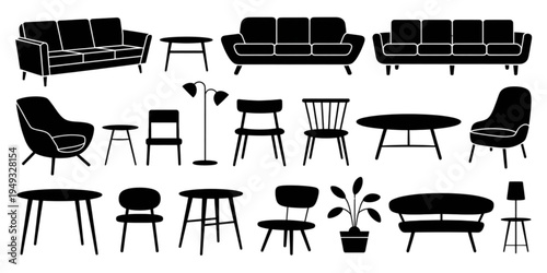Collection of various modern furniture pieces including sofas chairs tables and indoor house plants Vector