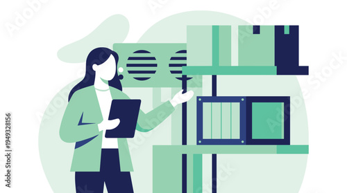 A warehouse manager with a headset and tablet inspects inventory on shelves, including a refrigeration unit.