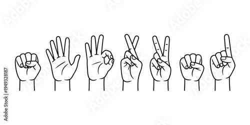 A collection of line art illustrations showing various hand gestures and finger signals in a row Vector
