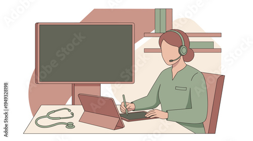 A female medical professional wearing a headset provides a telehealth consultation while writing on a tablet at her desk.