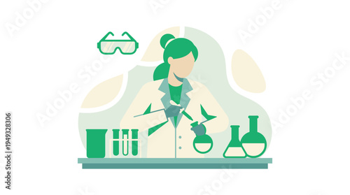 A female scientist in a lab coat and gloves conducts an experiment by mixing chemicals in glassware at a lab bench.