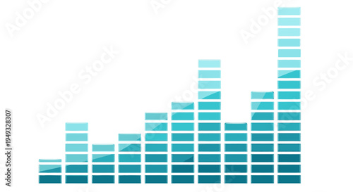 Turquoise blue equalizer bars rising in a graph, representing audio, sound, music, volume, or data analysis.