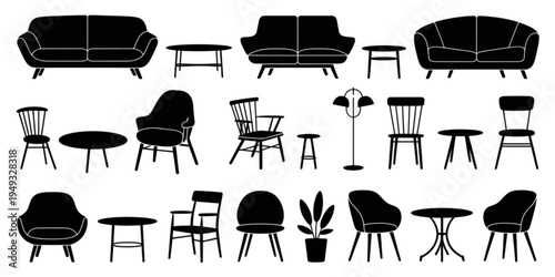 A comprehensive collection of black silhouettes representing various modern living room furniture Vector