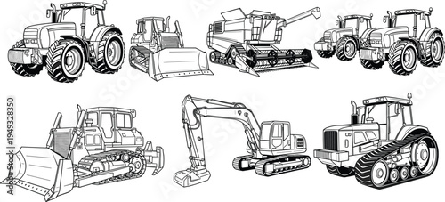 Heavy construction machinery vector illustration set, tractor bulldozer excavator combine harvester and industrial vehicles for agriculture engineering and building industry