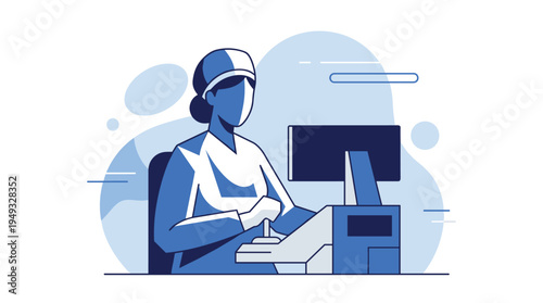 A professional in a uniform operates a computer and a control panel with a joystick in a blue-toned illustration.