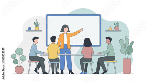 A female teacher gives a presentation to four students in a classroom, pointing at a blank whiteboard.