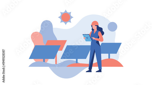 A female engineer in a hard hat inspects solar panels with a tablet in a field under the sun.