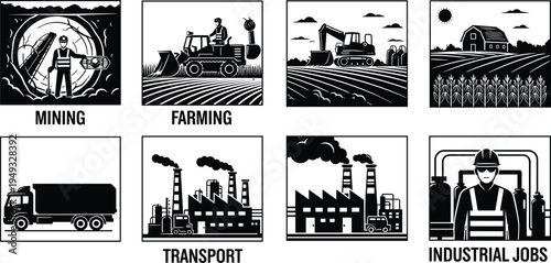 Industrial jobs silhouette icon set, mining farming transport factory industry workers equipment, black industry vector illustration collection for construction manufacturing and labor