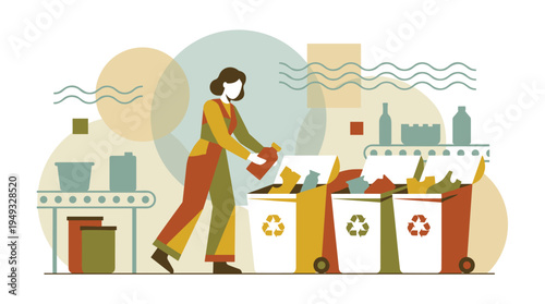 A woman in overalls sorts different types of waste into designated recycling bins at a facility.