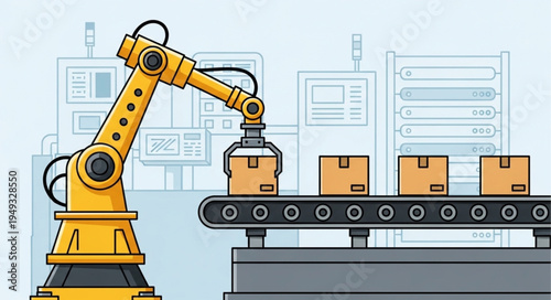 Automated Robotic Arm Working on a Conveyor Belt with Boxes.