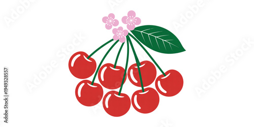 A vibrant illustration of a cluster of fresh red cherries with green stems and soft pink blossoms Vector