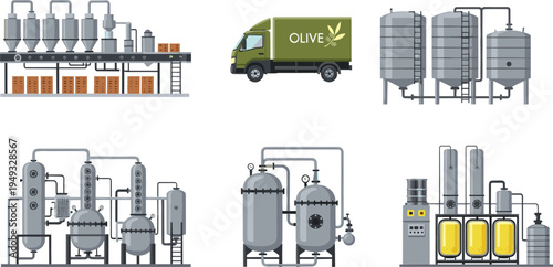 Olive oil production factory process vector illustration, industrial tanks processing machines delivery truck and modern food manufacturing plant equipment system