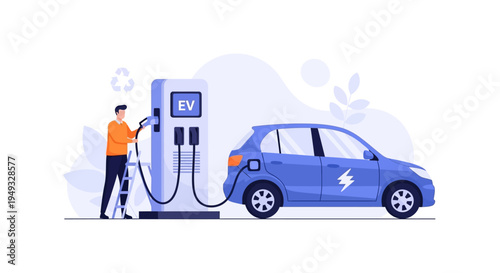 Electric Vehicle (EV) Charging Station: Man Powering Up Car for Sustainable, Green Energy Transportation and Eco-Friendly Future