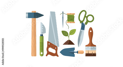 Versatile Hobby & DIY Tools: Crafting, Gardening, Home Improvement Essentials. Hammer, Saw, Scissors, Needle, Trowel, Paintbrush & Sprout Set.