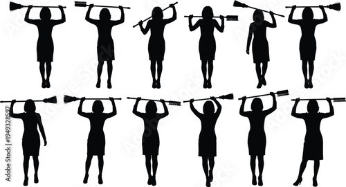 Woman silhouette collection carrying broom over shoulders representing cleaning worker poses isolated for housekeeping, sanitation and service design