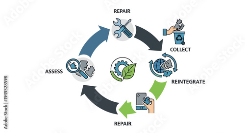 Circular Economy Lifecycle Diagram: Assess, Repair, Collect, and Reintegrate for Sustainable Waste Management and Resource Use