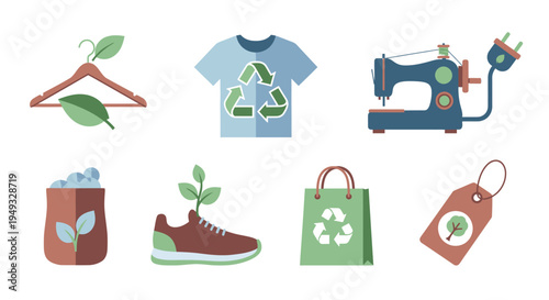 Sustainable Fashion and Eco-Friendly Production Icons Set: Emphasizing Circular Economy, Organic Materials, and Ethical Practices for a Greener Textile Industry