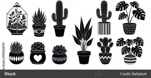 Potted houseplants and cactus silhouettes vector collection, indoor decorative plants with pots set, botanical home decor elements isolated illustration
